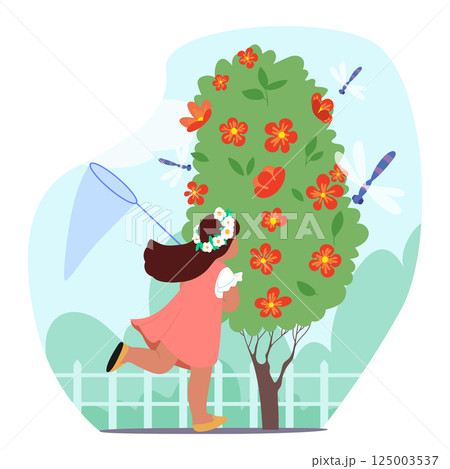 Cute little girl child holding net catching dragonflies enjoying summertime activity cartoon scene Cute little girl child holding net catching dragonflies enjoying summertime activity cartoon scene 125003537