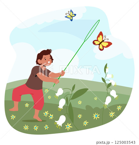 Excited boy child cartoon character playing with net catching butterflies on green field scene Excited boy child cartoon character playing with net catching butterflies on green field scene 125003543