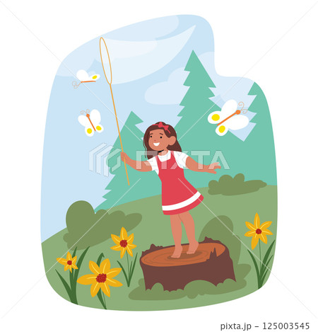Cute adorable girl kid catching butterflies with net while standing on stump in green forest scene Cute adorable girl kid catching butterflies with net while standing on stump in green forest scene 125003545
