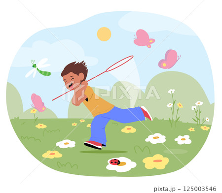 Laughing happily boy child running fast chasing insects with net trying to catch flying bug scene Laughing happily boy child running fast chasing insects with net trying to catch flying bug scene 125003546
