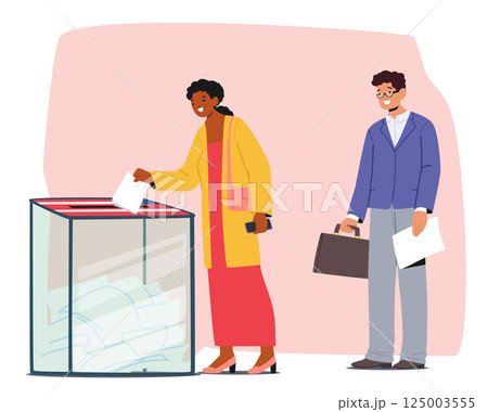 Housewife woman and businessman in queue nearby election box voting at democratic referendum 125003555