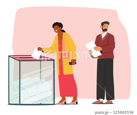 Happy woman putting voting ballot into election box, uncertain worried man holding questionnaire 125003556