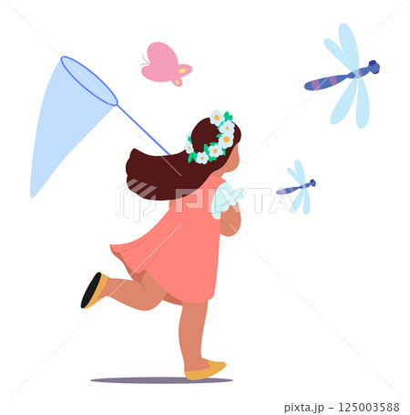 Cute little girl child cartoon character with net running to catch flying insects isolated on white Cute little girl child cartoon character with net running to catch flying insects isolated on white 125003588