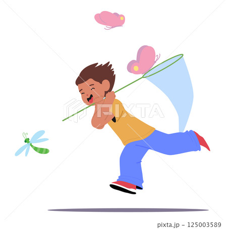 Excited boy kid cartoon character with net running fast chasing butterflies trying to catch insect Excited boy kid cartoon character with net running fast chasing butterflies trying to catch insect 125003589