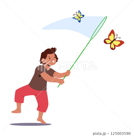 Cute funny boy child cartoon character with net jumping catching butterflies isolated on white Cute funny boy child cartoon character with net jumping catching butterflies isolated on white 125003590