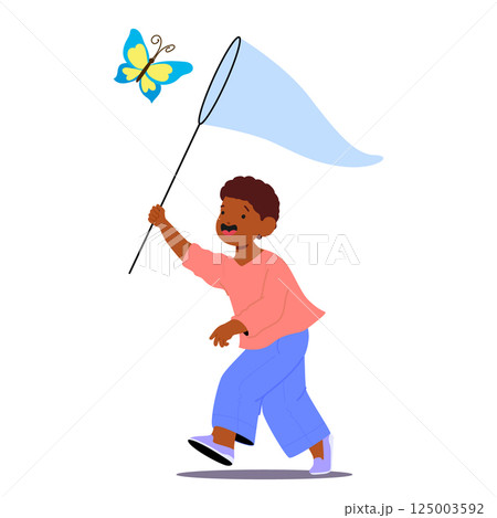 Cute African American boy child cartoon character catching butterfly with net isolated on white Cute African American boy child cartoon character catching butterfly with net isolated on white 125003592