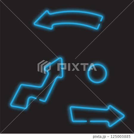 Vector set of blue glowing neon arrows on black background. Colored pointers. Bright retro light symbol. Emblem for club or bar. Light arrow banner. Decoration on wall and template covering 125003885