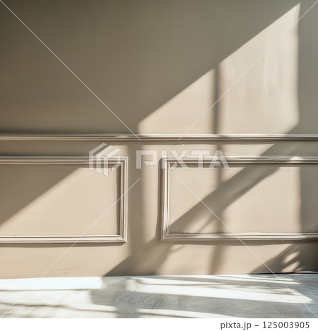 Blank white painted wall with elegant classic paneling, realistic empty home apartment interior, wall mockup for wallpaper or artwork placement 125003905