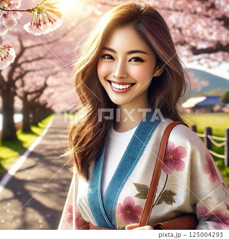 桜並木の遊歩道を歩く女性が微笑んでいる。春の陽光が降り注ぎ、穏やかな時間が流れている 125004293