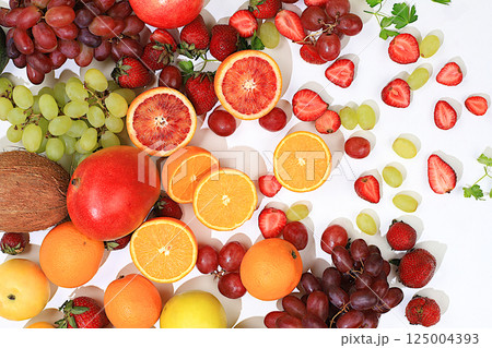 Summer tropical fruits on sunny table, source of vitamin c, shop banner, healthy vegan products for healthy lifestyle, detox diet and weight loss concept. shop advertisement. 125004393