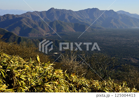 天子山地の竜ヶ岳の笹原より 朝日そそぐ御坂山地 天子山地の竜ヶ岳の笹原より 朝日そそぐ御坂山地 125004413