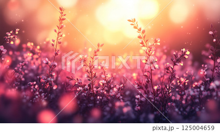 Beautiful sunset illuminating vibrant flowers in a serene outdoor landscape 125004659