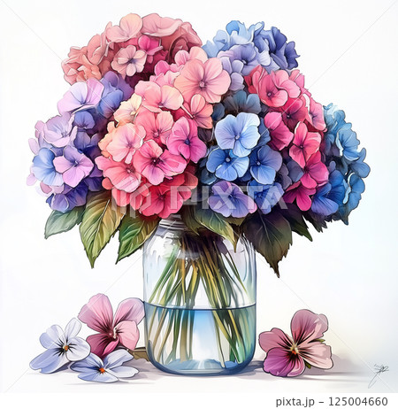 Vibrant flowers in a glass vase showcasing blooming beauty in soft pastels 125004660