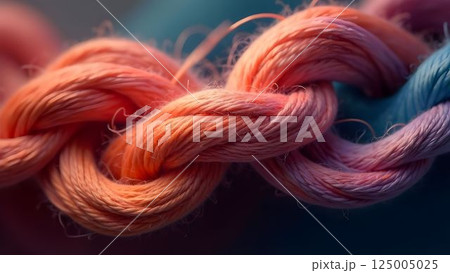 Colorful braided threads intertwined against a soft background with gradient hues capturing texture and craftsmanship 125005025