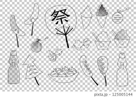 Summer festival food stalls Cute touch hand-drawn style black and white illustration PNG White background material Summer festival food stalls Cute touch hand-drawn style black and white illustration PNG White background material 125005144
