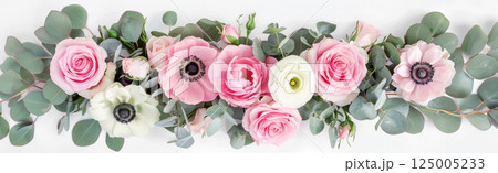 Floral banner. Pink and white flowers with eucalyptus leaves. Roses, ranunculus, anemones and green foliage Floral banner. Pink and white flowers with eucalyptus leaves. Roses, ranunculus, anemones and green foliage 125005233