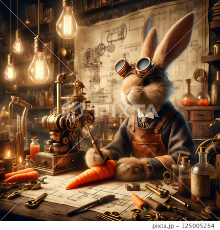 スチームパンク風の工房で発明するウサギ技師 125005284