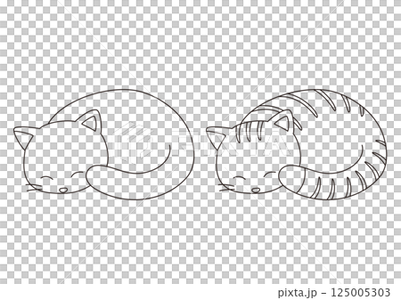 Set of illustrations of cats sleeping curled up_Line drawing 125005303