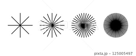 Straight radial lines in circular shape. Set of sun rays icons. Sunbeam sign. Radiance, propeller, explosion or firework symbols isolated on white background. Vector graphic illustration 125005497