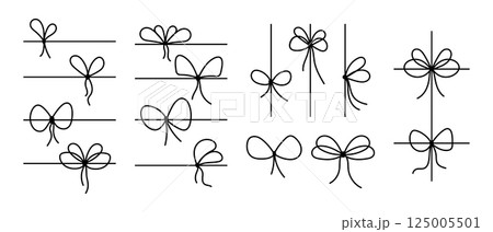 Bow ribbons for gifts. Set of strips with coquette knots in linear style for present boxes, packages, festive cards or banners isolated on white background. Vector graphic illustration Bow ribbons for gifts. Set of strips with coquette knots in linear style for present boxes, packages, festive cards or banners isolated on white background. Vector graphic illustration 125005501