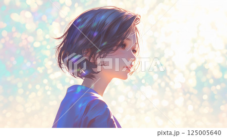 光の中で遠くを見る女性の横顔 125005640