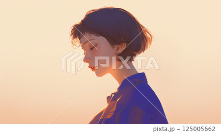 夕焼けと目を閉じる女性 125005662