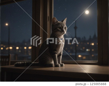 夜のレストランで孤独な猫 → 窓辺で月を見つめる白黒猫(ちょっと哀愁漂う感じ)2 夜のレストランで孤独な猫 → 窓辺で月を見つめる白黒猫(ちょっと哀愁漂う感じ)2 125005888
