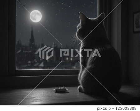 夜のレストランで孤独な猫 → 窓辺で月を見つめる白黒猫(ちょっと哀愁漂う感じ)1 夜のレストランで孤独な猫 → 窓辺で月を見つめる白黒猫(ちょっと哀愁漂う感じ)1 125005889
