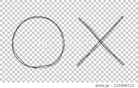丸とバツ印の手描き線画アイコン 複数の線が重なったモノクロのベクターイラストセット 125006122