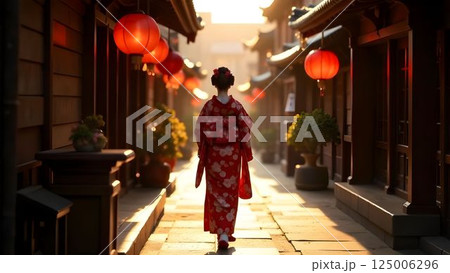 Silhouette of geisha on a narrow street in Japan Red Lights 125006296