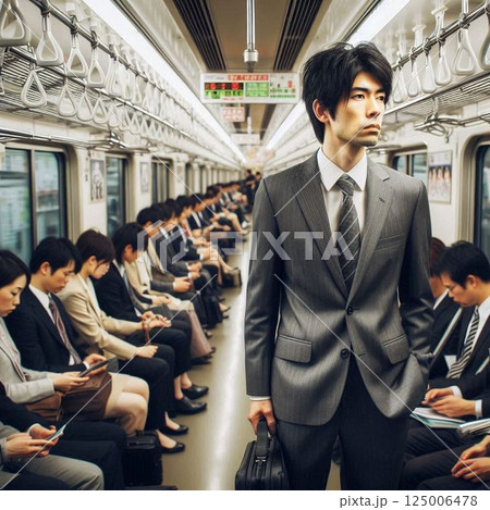 出勤する満員電車のサラリーマン 125006478
