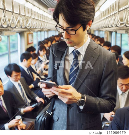 出勤する満員電車のサラリーマン 125006479