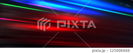 Light Speed Lines Background With Red, Blue, Green Glowing Streaks On Dark Gradient. Futuristic Motion Blur Effect For Technology Or Abstract Design. Vector Illustration. 125006888