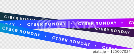 Cyber Monday tape with blue violet gradient. Clean vibrant sale ribbon with bold text on transparent background. Use for ecommerce promo, banners, ads. Vector illustration Cyber Monday tape with blue violet gradient. Clean vibrant sale ribbon with bold text on transparent background. Use for ecommerce promo, banners, ads. Vector illustration 125007024