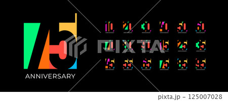 Bright modern birthday anniversary jubilee numbers in pop style. Colorful geometric digits for celebration events, youth branding, milestone years. Fun bold vector illustration 125007028