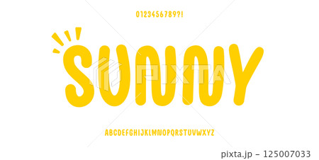 Cheerful Sunny Font with Bold Rounded Letters in Bright Yellow, Cute Alphabet for Summertime Projects, Kids Themes, Greeting Cards, and Happy Branding. Vector typeset 125007033