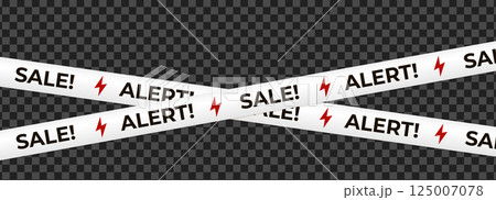 White crossed tape with SALE ALERT text, red lightning bolt symbols create urgency, electric energy, discount vibe. Retail marketing banner, ecommerce promo graphic. Vector illustration White crossed tape with SALE ALERT text, red lightning bolt symbols create urgency, electric energy, discount vibe. Retail marketing banner, ecommerce promo graphic. Vector illustration 125007078