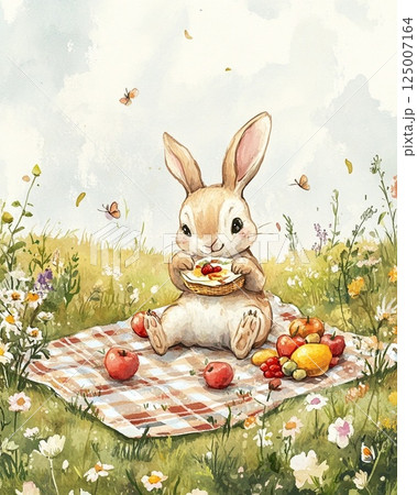 ピクニックを楽しむうさぎのイラスト・果物と花に囲まれた春の野原（AI） 125007164