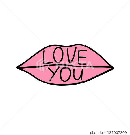 Valentine kiss with LOVE YOU text on pink lips illustration. Doodle of lips with love text and hearts, creating romantic kiss concept. Perfect for expressing love and affection on Valentines Day. 125007209