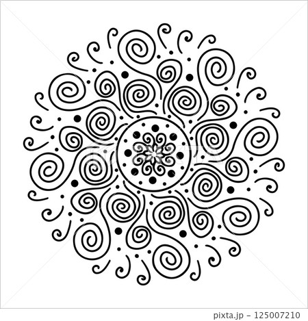 Hand drawn sun with swirling beams in doodle style. Abstract ink sun with twirling curls, flowing waves isolated on white background. Concept of sun as energy, movement and warmth. Mandala, snowflake 125007210