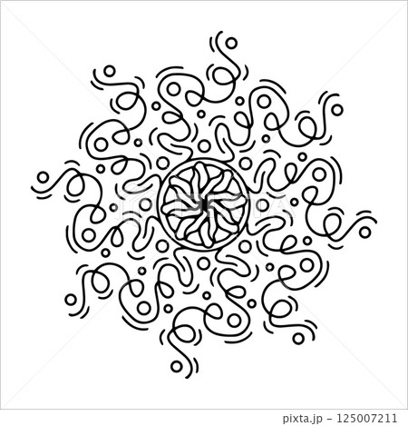 Hand drawn sun with swirling beams, bubbles in doodle style. Abstract sun with flowing waves, twirling elements isolated on white. Concept - sun as energy, movement, harmony. Ink jellyfish, snowflake 125007211