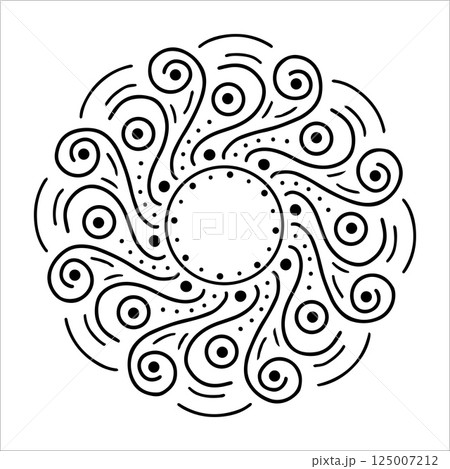 Hand drawn sun with swirling beams in doodle style. Abstract sun with curved waves and decorative twirls isolated on white background. Concept of sun as warmth, energy, and creativity in artistic ink 125007212