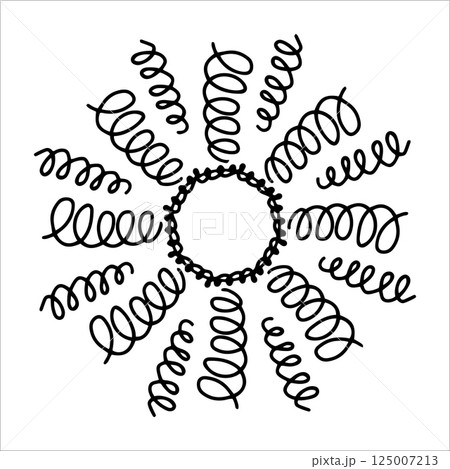 Hand drawn sun with swirling beams in doodle style. Abstract sun with twirling lines isolated on white background. Concept of sun as movement, energy and light in artistic line art. Swirl ink lines 125007213