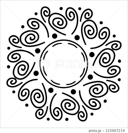 Hand drawn sun with swirling beams in doodle style. Abstract sun with curved lines and decorative twirls isolated on white background. Concept of sun as warmth, energy and creativity in artistic ink 125007214
