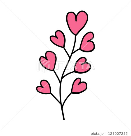 Hand drawn flower twig with hearts. Cute pink flower design symbolizes love and affection. Flower branch with heart shaped petals is perfect for Valentines Day celebration, love themed decorations. 125007235