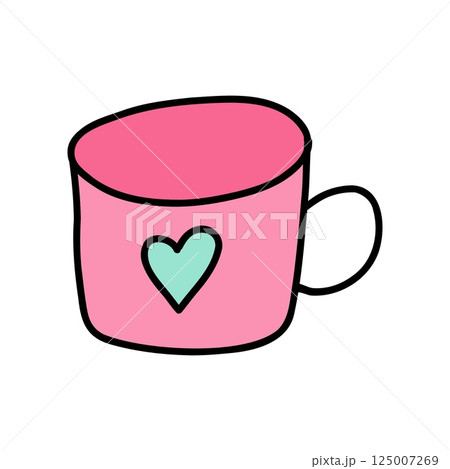 Hand drawn cute cup with heart in doodle style. Adorable cup designed for Valentine's Day, symbolizing love and affection. Perfect for sharing warm moments with a charming cup of joy and love 125007269