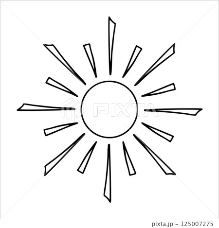 Hand drawn sun with playful beams in doodle style. Cute sun with ink outline and uneven spokes isolated on white background. Concept of sun as kids drawing, warm energy, and creative simplicity Hand drawn sun with playful beams in doodle style. Cute sun with ink outline and uneven spokes isolated on white background. Concept of sun as kids drawing, warm energy, and creative simplicity 125007275