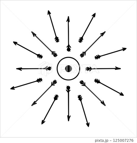 Hand drawn sun with arrows in line art style. Abstract sun with ink outline and radiating arrow strokes isolated on white background. Concept - sun energy, direction, movement in artistic design Hand drawn sun with arrows in line art style. Abstract sun with ink outline and radiating arrow strokes isolated on white background. Concept - sun energy, direction, movement in artistic design 125007276