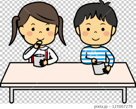 おやつを食べる小学生男女 125007279