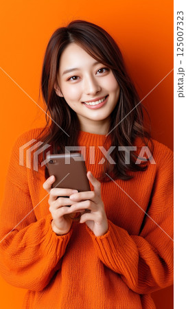 スマートフォンを使う女性　縦画像　画像生成AI 125007323